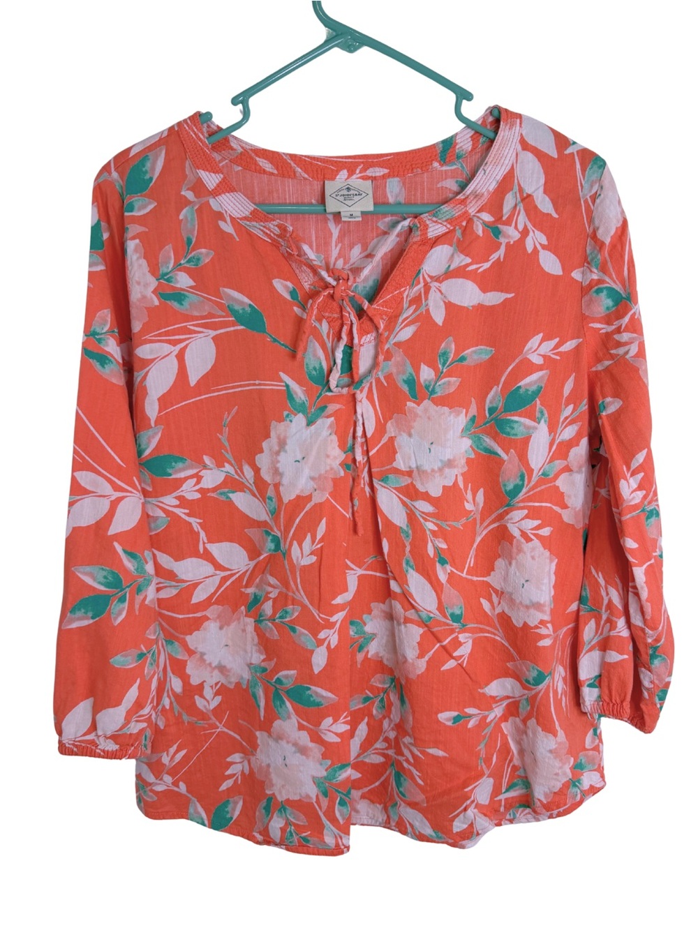 3/$20 St. John's Bay Coral Floral Tie-Neck 3/4 Sleeve Blouse Size Medium